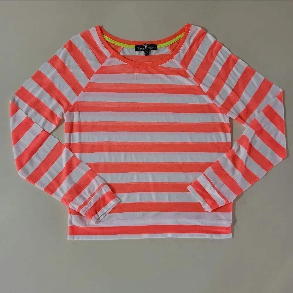 Almost Famous Women'sĀ NeonāOrangeāStripedāCrewneckāLongāSleeveāTop